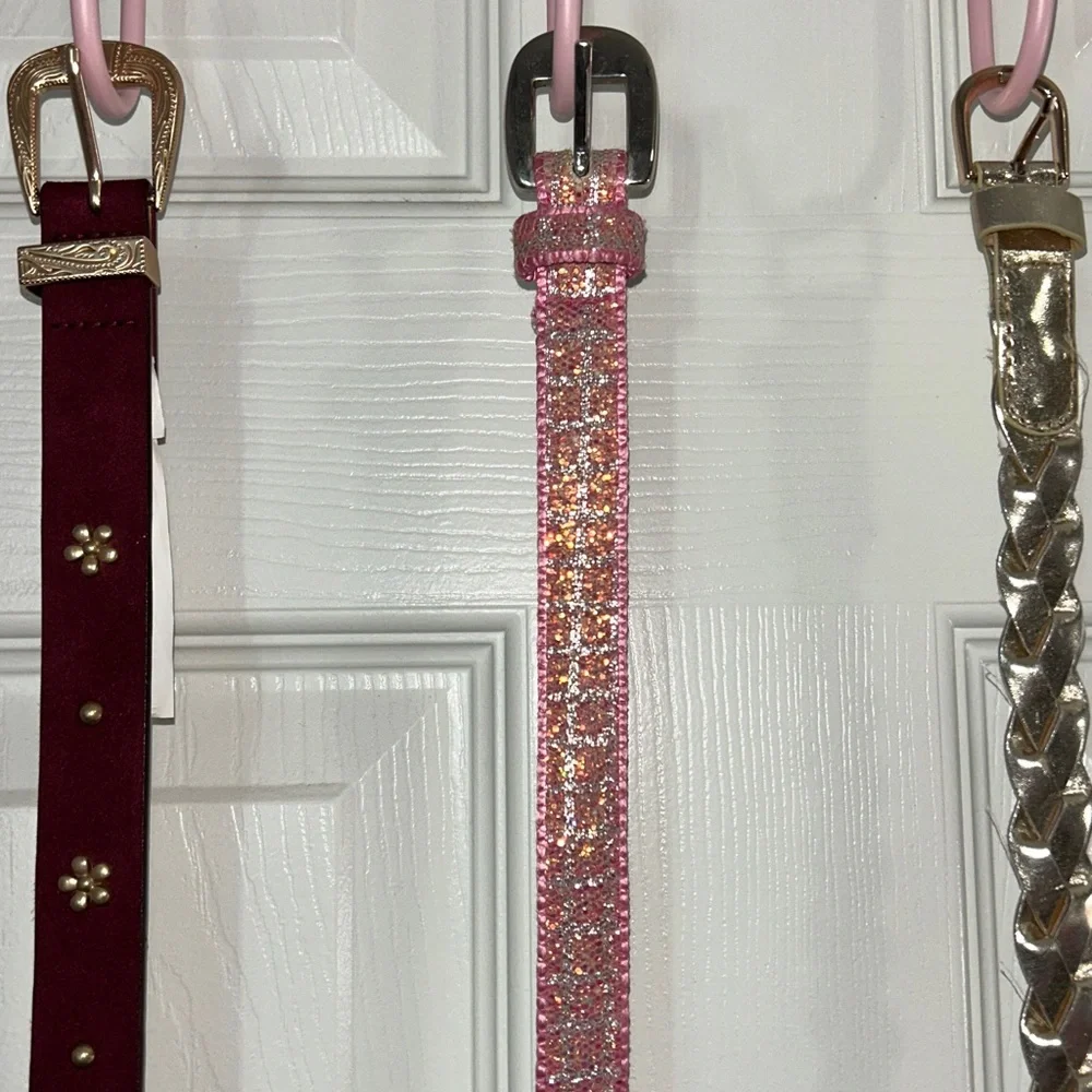 Girls 3 belts Lot Bundle. Sizes XS , 4-7- Pink, Gold, Burgundy-Children Belt Set